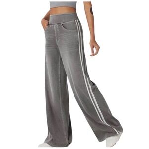 Halara Flex High Waisted Stripe Wide Leg Flowy Casual Jeans Gray LARGE‎ NWOT